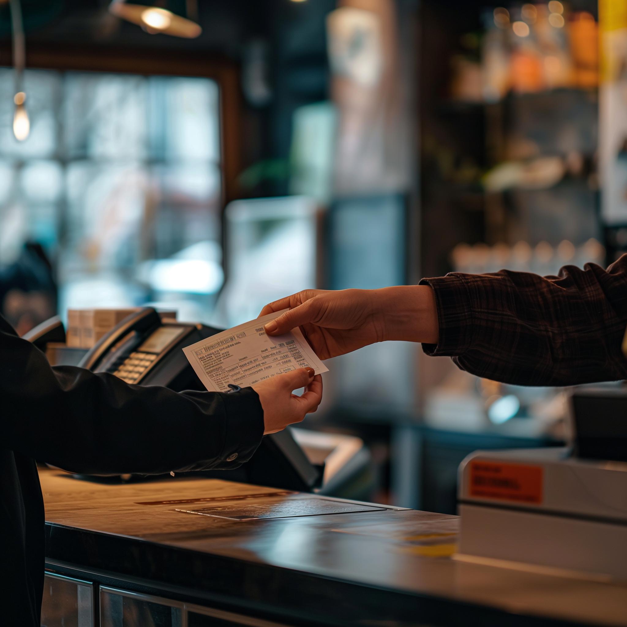 El brazo de un cliente recibiendo un ticket de pago de parte de un empleado de Ripsa
